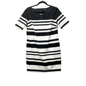 White House Black Market Shift Dress Black White Striped Crew Neck Back Zip 14P